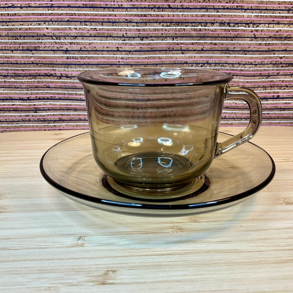 Vintage 1970s - 80s Arcoroc Smoked Glass Cup and Saucer Sets / Retro Tableware and Kitchen Crockery / French Glass / Home Decor Accessory