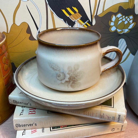 Vintage 1970s Denby ‘Memories’ Cup and Saucer Sets / Retro Tableware / Vintage Crockery / Beige and Brown Floral / 70s Home Decor / Gift