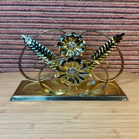 Vintage 1960s Gold Effect Metal Letter Rack / Leaves Flowers Scrolls / Retro 60s Home Decor / Storage & Organisation / Desk Tidy / Kitsch