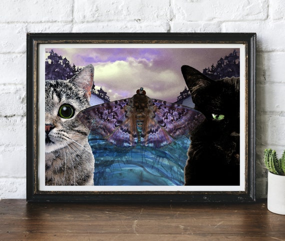 Green Eye Cats and Death's Head Moth Illustrated Original Artwork Giclee Print by Helen Temperley. A3 Or A4 Size.