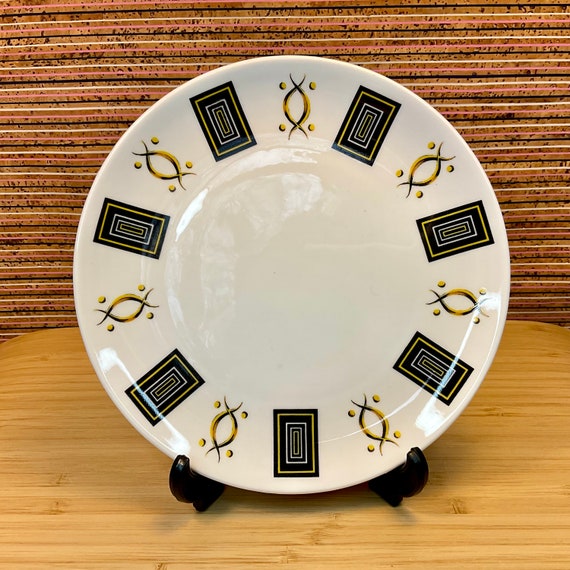 Vintage 1960s Royal Stafford ‘Medici’ Bone China Side Tea Plates / Black & Yellow Pattern / Retro Tableware / Kitchen Crockery / Home Decor