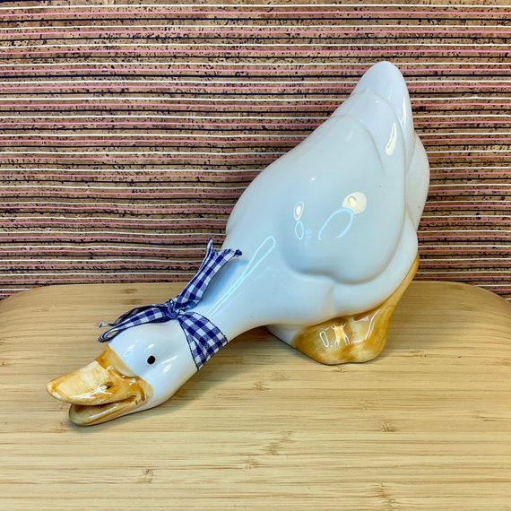 Vintage 1980s Ribbon Goose Ceramic Ornament With Blue Gingham Fabric Neck Bow / Retro Home Decor Accessory / Country Kitchen / 80s Nostalgia