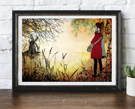 Boot Girl Windmill Thoughtful Acceptance Grief Illustrated Original Artwork Giclee Print by Helen Temperley. A3 Or A4 Size.