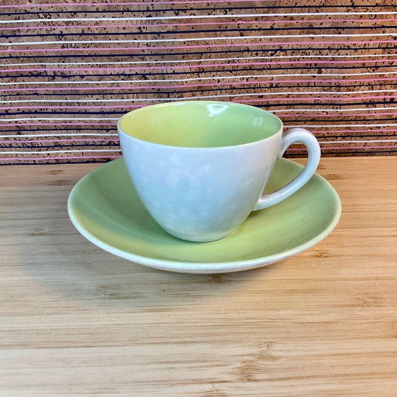 Vintage 1950s - 60s Poole Twintone Lime Yellow and Seagull Demi Tasse Cup and Saucer Sets / Retro Tableware & Replacement Kitchen Crockery