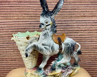 Large 35.5 cm Italian Donkey and Basket Vase / Mid Century Kitsch / 1960s Retro Ornament / Plant Pot / Home Decor Accessory / Lustre Glaze
