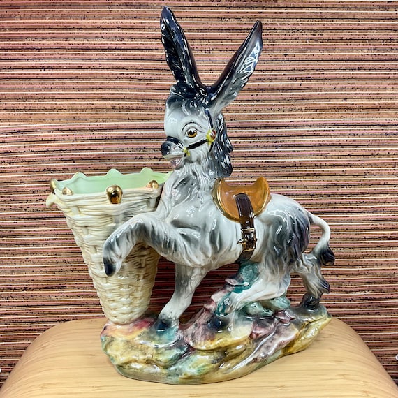 Large 35.5 cm Italian Donkey and Basket Vase / Mid Century Kitsch / 1960s Retro Ornament / Plant Pot / Home Decor Accessory / Lustre Glaze