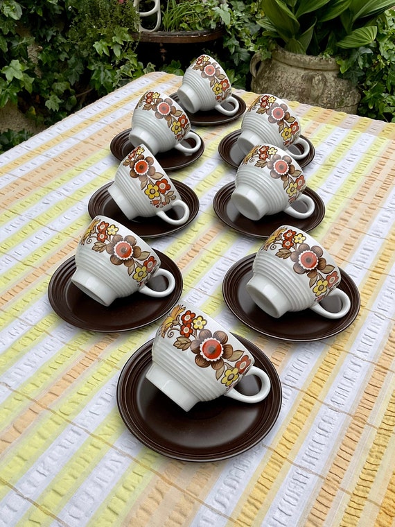 Myott Floral Cups and Dark Brown Saucers. 1970s Vintage.