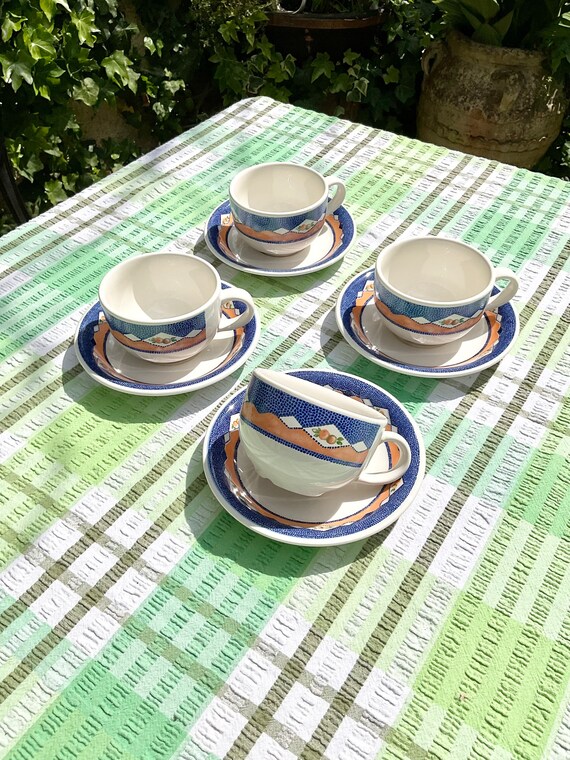 John Tams Orange Pattern Cup and Saucer Sets. 1990s Vintage.