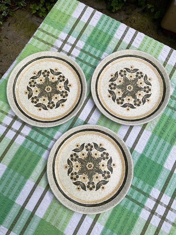 Biltons Mustard and Brown Floral Salad Plates. 1970s Vintage.