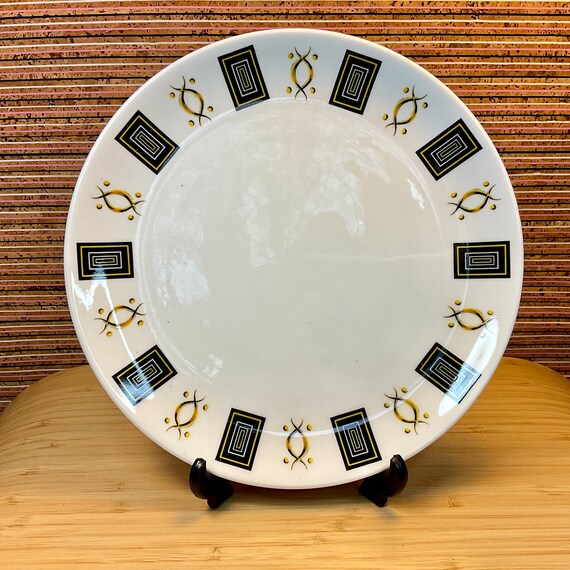 Vintage 1960s Royal Stafford ‘Medici’ Bone China 21.5 cm Cake Plate / Black Yellow Pattern / Retro Tableware / Kitchen Crockery / Home Decor