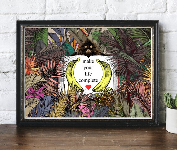 Make Your Life Complete Monkey Banana Book Jungle Plants Illustrated Original Art Giclee Print by Helen Temperley. A3 or A4 Sizes.