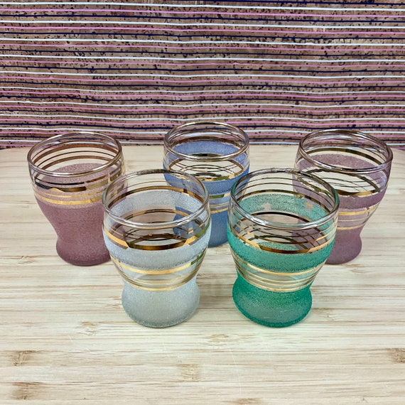 Set Of 5 Harlequin Pastel Coloured Frosted French Shot Glasses with Gold Trim  / Liqueur Glasses / Retro Mid Century Glassware / Drinkware