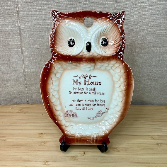 Cute Brown Owl Spoon Rest With ‘My House’ Poem / 1960s / Wall Hanging / Small Kitchen Decor Accessory/ Cooking Utensil / Gift For Cook