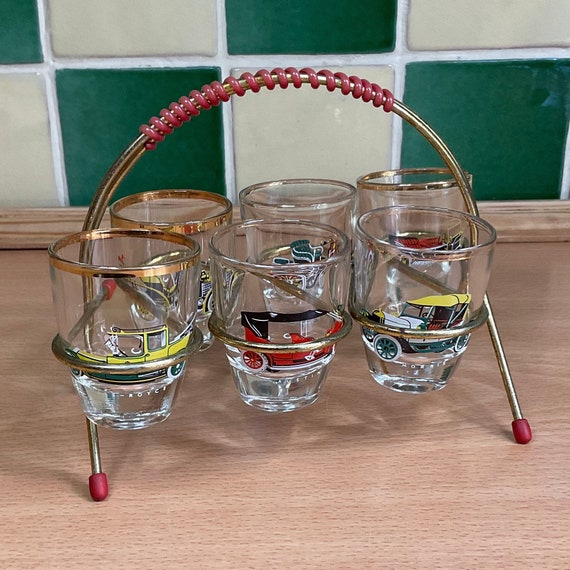 Set Of 6 Veteran Car Shot Glasses With Stand. 1960s Vintage.