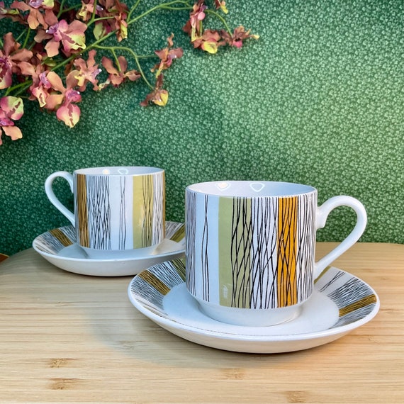 Vintage 1960s Midwinter ‘Sienna’ Small Cup and Saucer Sets / Retro Tableware / 60s Home Decor Accessory / Olive Green & Orange Stripes