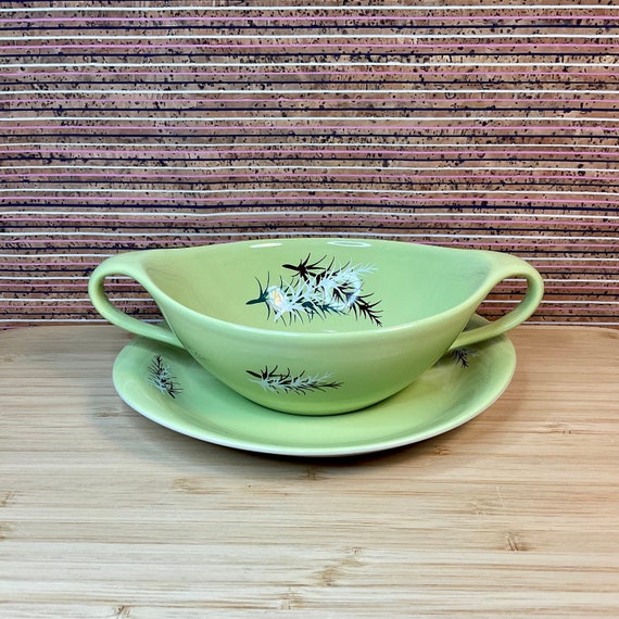 Vintage 1950s James Kent Ltd ‘Oregon Pine’ Soup Bowl & Saucer Set In Green / Retro Tableware / 50s Home Decor Accessory / Dining Crockery