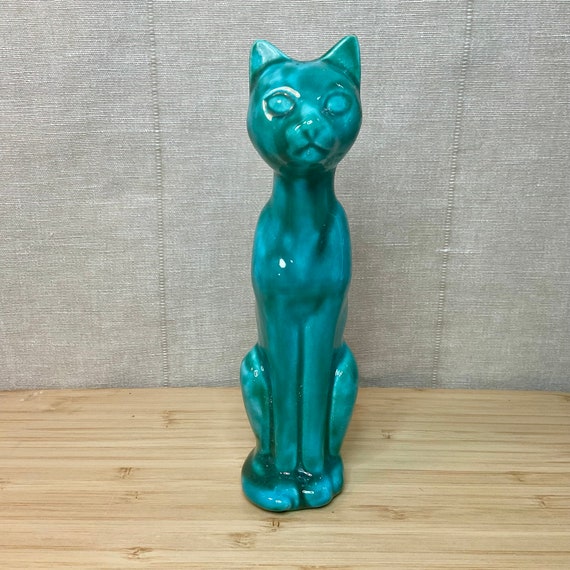 Anglia Potteries Turquoise Long Necked Cat Figurine / 1970s Vintage / Retro Home Decor Accessory / Small Ceramic Ornament / Collectable