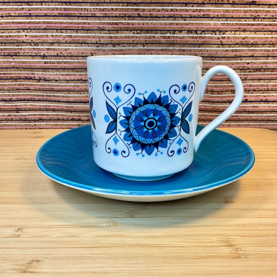 Johnson Bros ‘Engadine’ Cup and Saucer Sets / 1970s Vintage / Retro Tableware & Kitchen Crockery / White Blue Teal / Folky Floral / Gift