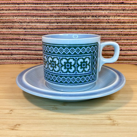 Vintage 1970s Hornsea ‘Tapestry’ Cup and Saucer Sets / Retro Tableware and Kitchen Crockery / Home Decor Accessory / Pale Blue Olive Green