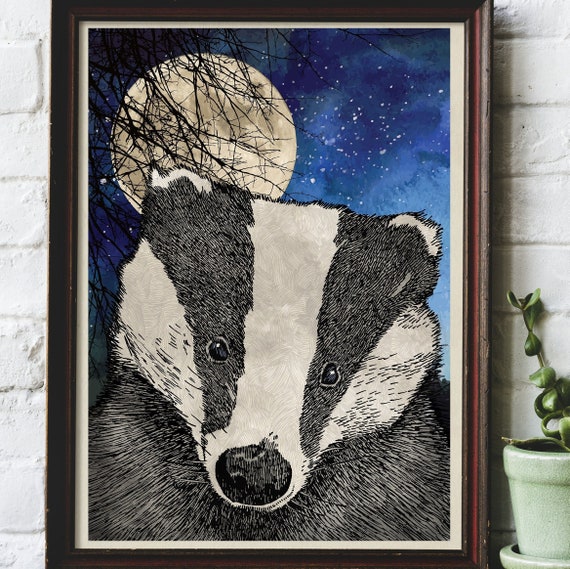 Badger Wall Art / Giclée Print / Original Artwork / A3 / A4 / Moon & Tree / Wildlife / Woodland Creature / Animal Illustration / Badger Gift
