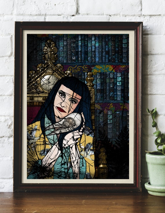 The Muse Woman Crow Skull Books Library Love Throne Illustrated Original Art Giclee Print by Helen Temperley. A3 or A4 Sizes.