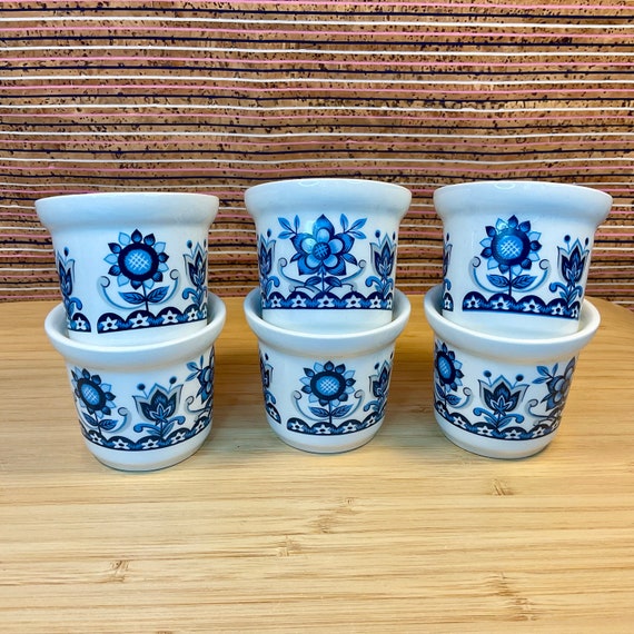 Johnson Bros ‘Tudor Blue’ Snowhite Ironstone Egg Cups / Set of Six / 1970s Vintage / Retro Tableware and Kitchen Crockery / Home Decor