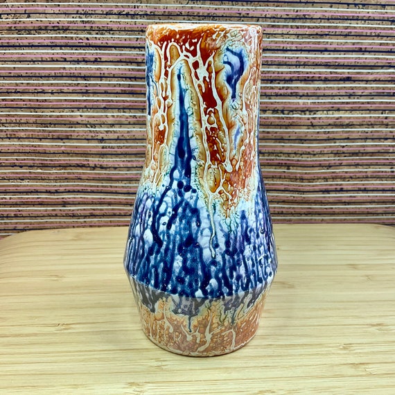 Sylvac ‘Aurora’ Medium Size Lustre Lava Drip Glaze Vase / No 4327 / 1960s Vintage / Blue Orange Red / Hime Decor Accessory / Collectable