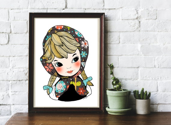 Peasant Girl In Headscarf Cute Big Eyes Retro Mid Century Illustrated Original Art Giclee Print by Helen Temperley. A3 or A4 Size.