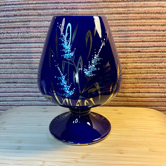 Vintage 1950s Beswick 1656 Cobalt Blue Goblet Vase With Gold Floral Design / Mid Century Home Accessory / Retro Gift / Accent Ornament