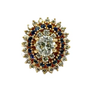 1940's Old European Cut Diamond Sapphire 14 Karat Yellow Gold Cocktail Ring