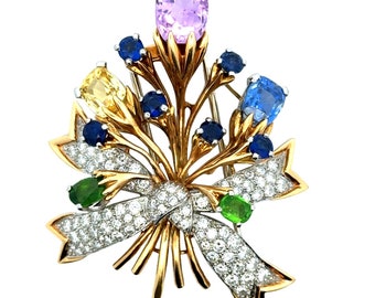 Tiffany Schlumberger French Sapphire Diamond Floral Bouquet 18kyg Brooch Pin