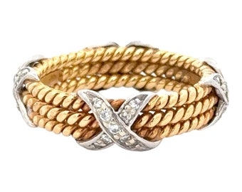 Tiffany & Co. Schlumberger Diamond 18 Karat Yellow Gold Rope Three-Row X Ring