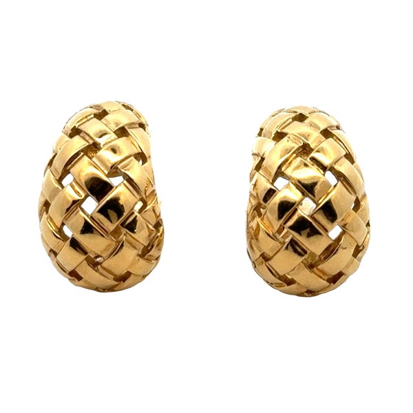 1980's Tiffany Basket Weave 18 Karat Yellow Gold J Hoop Lever-Back Earrings