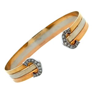 Cartier Double C Diamond 18 Karat Tri-Color Gold Bangle Cuff Vintage Bracelet