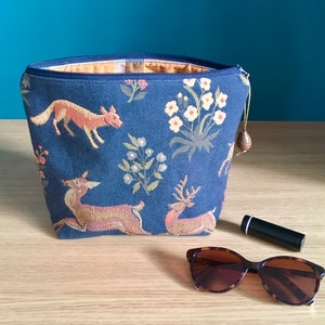 Large makeup and jewelry bag, recycled vintage furniture fabric, "forest animals" motif