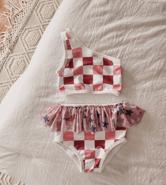 One shoulder checkered ruffle bikini/ baby swim suit/ baby bikini/ toddlers swim suit/ kids swim wear /kids bathing suits/ girls bathingsuit