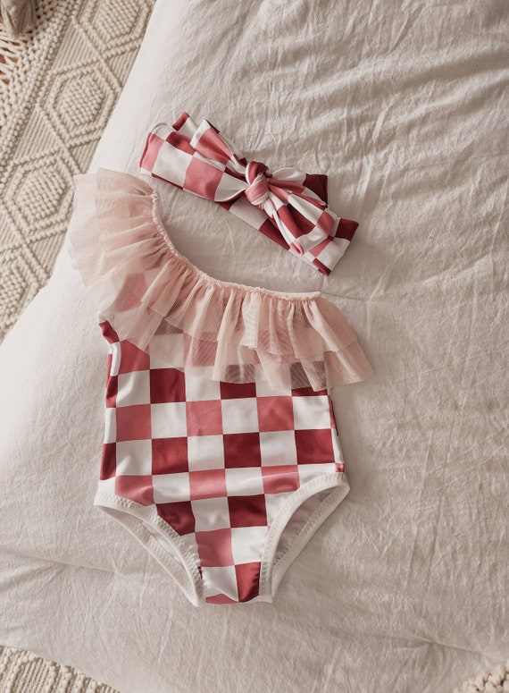 One shoulder checkered ruffle swim/ baby swim suit/ baby bikini/ toddlers swim suit/ kids swim wear /kids bathing suits/ girls bathingsuits