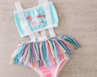 Girls birthday swim suit/ little girls swim suit/ ruffle swim suit/ toddler girls swim suit/baby girl swim suit/baby girl ruffle bikini