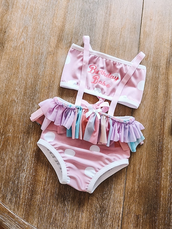 Girls birthday pink polka dot swim suit/ little girls out of this world swim suit/ ruffle swim suit/ toddler girls swim suit/baby girl
