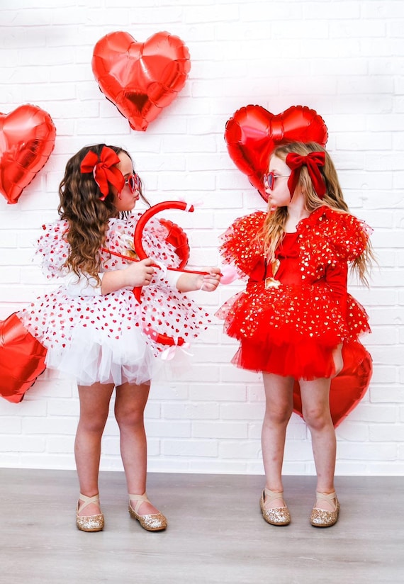 Girls Valentines day dress/ girls dress with hearts/ girls tutu with hearts/ heart dress / vday dress/ cape with hearts/ vday dress for girl