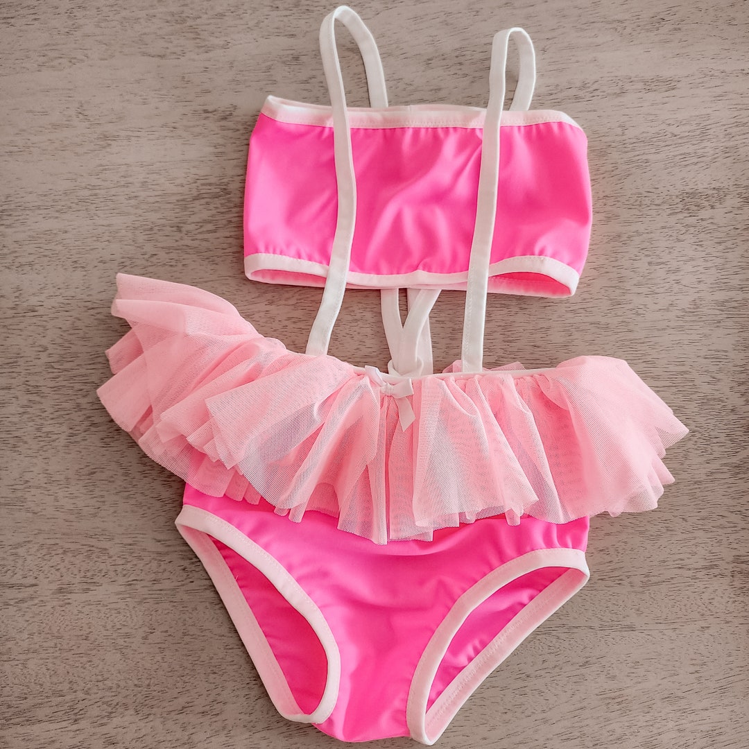 Girls Pink on Pink Swim Suit/ Little Girls Swim Suit/ Ruffle Swim Suit