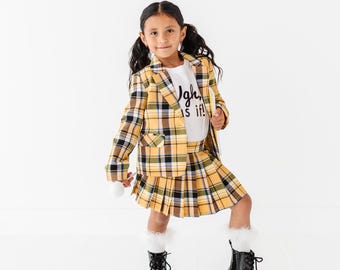 Yellow Plaid Costume: Girls Cropped Blazer Skirt UK