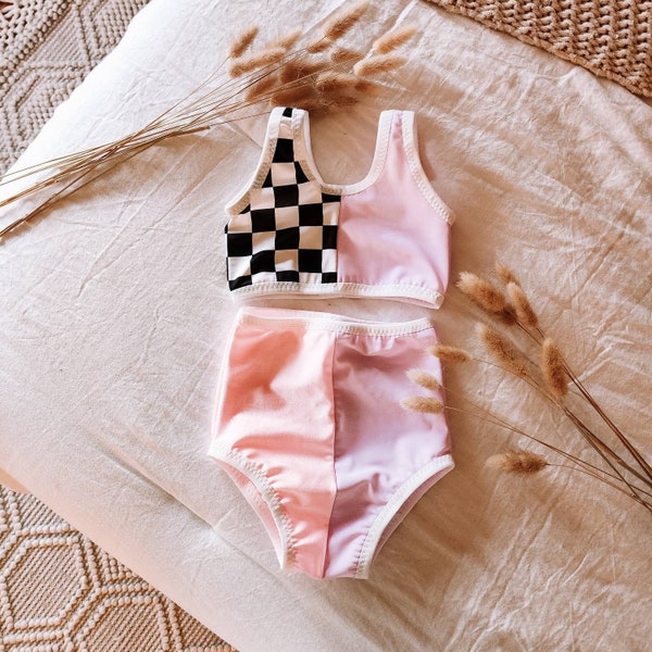 Checkered color blocked swim bikini/ baby swim suit/ baby bikini/ toddlers swim suit/ kids swim wear /kids bathing suits/ girls bathingsuits