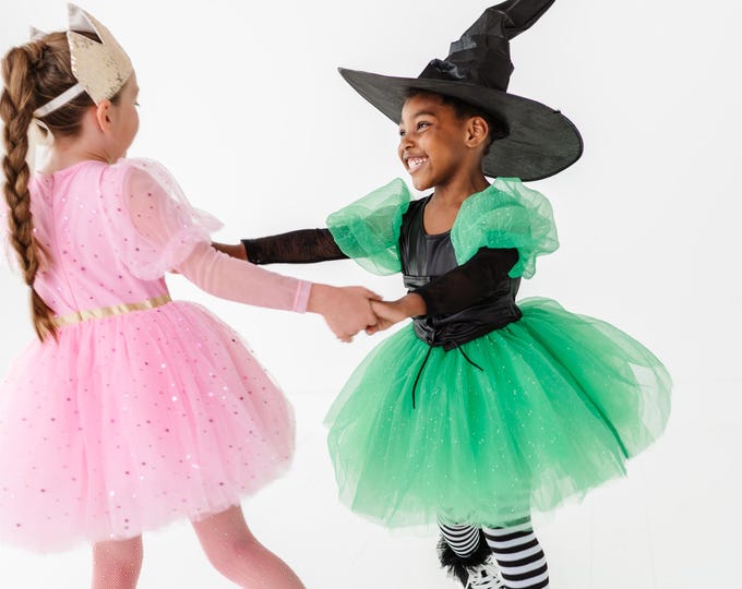 Bad witch costume/ green witch costume for kids/ pretty girls costume/fancy black witch costume/whimsical bad witch costumes/halloween/girl