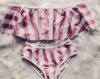 Women's off the shoulder pink stripe bikini// blush and white