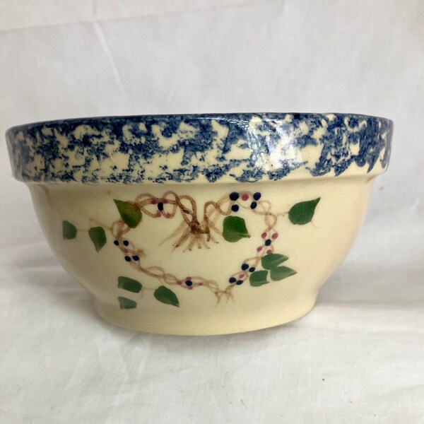 Alpine Pottery Roseville Small Mixing Bowl Artist Signd Heart Wreath VTG Mixing Bowl