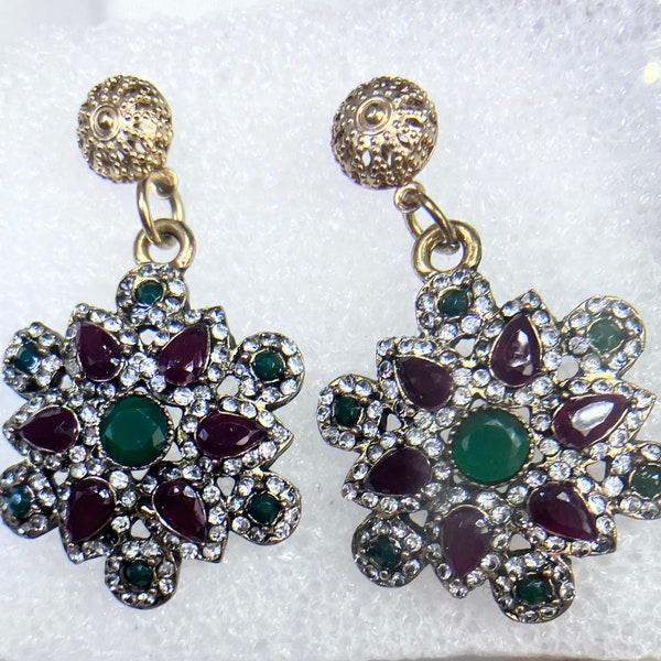 Bali-India Style Snowflake Earrings Ruby Emerald CZ Vintage Statement Earrings