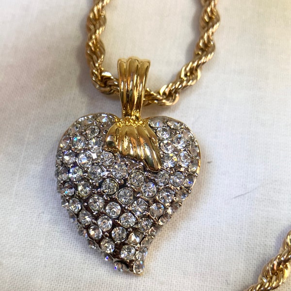 NWOT 14k Gold Plated Pave CZ Heart Necklace Hugs n Kisses Unusual Style