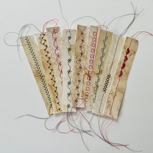 Coffee Dyed Paper Strips with Stitching - Ephemera/embellishments for use in Junk Journals, ScrapBooks, Mixed Media and Collage.