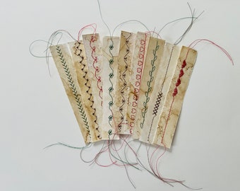 Coffee Dyed Paper Strips with Stitching - Ephemera/embellishments for use in Junk Journals, ScrapBooks, Mixed Media and Collage.